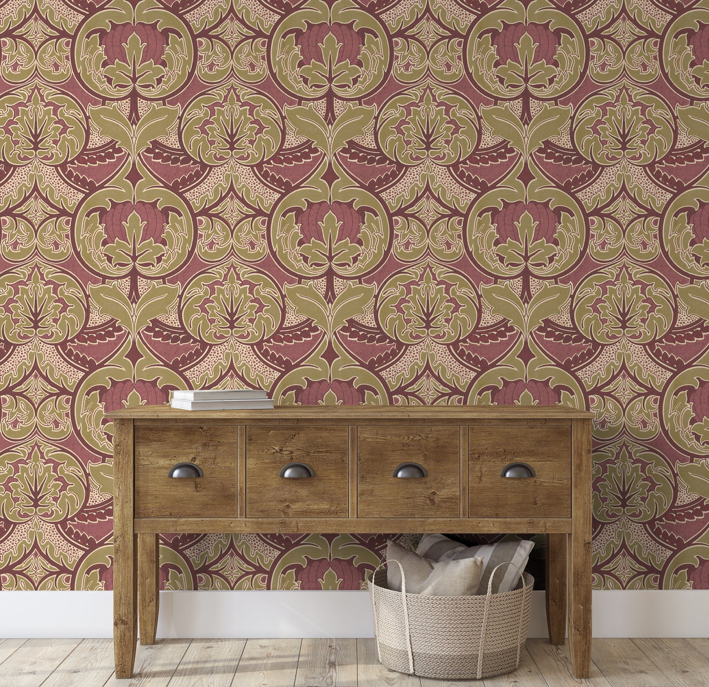 Arts & Crafts Moss and Crimson Wallpaper