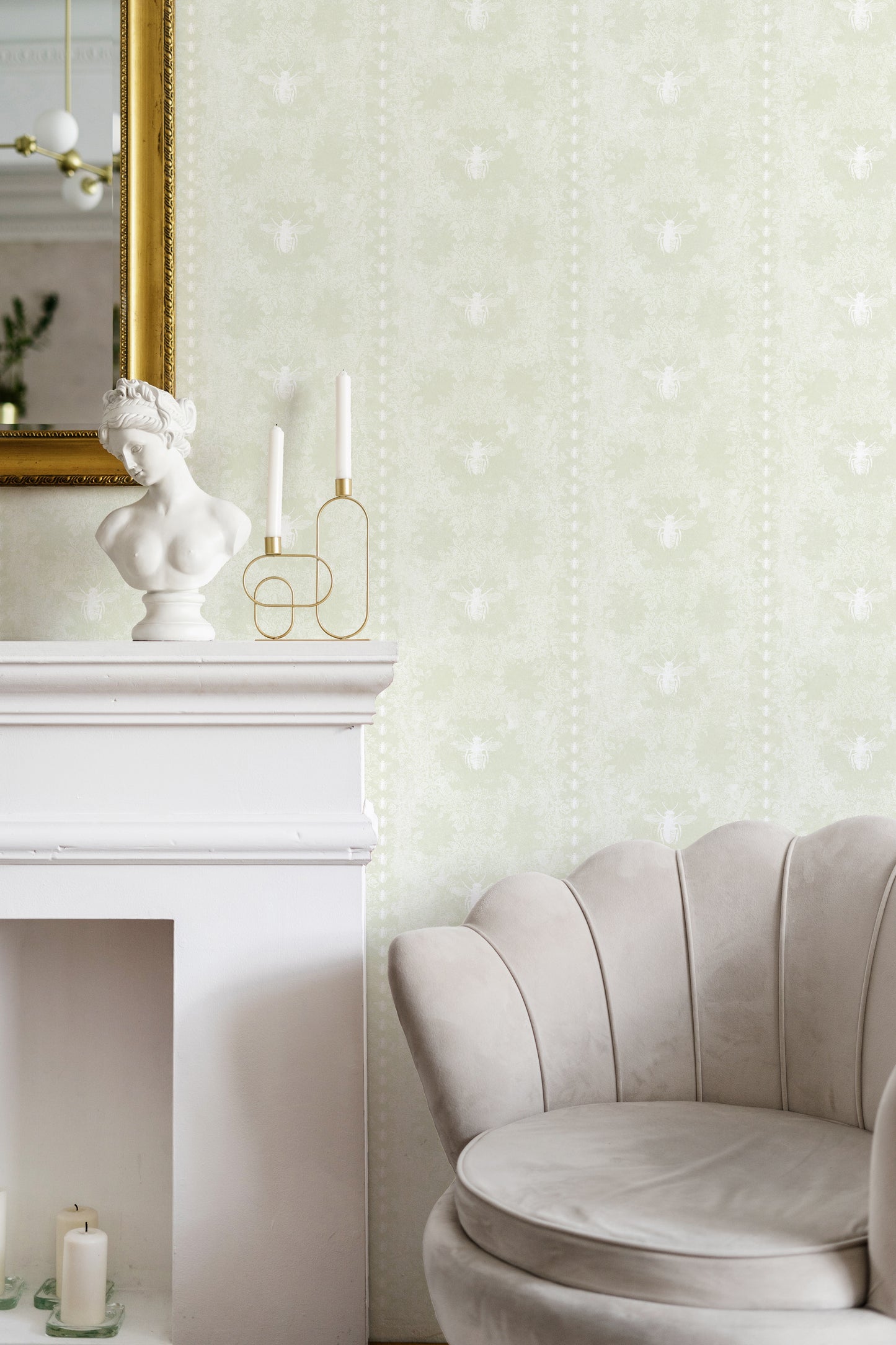 Bee Stripe Soft Green Wallpaper