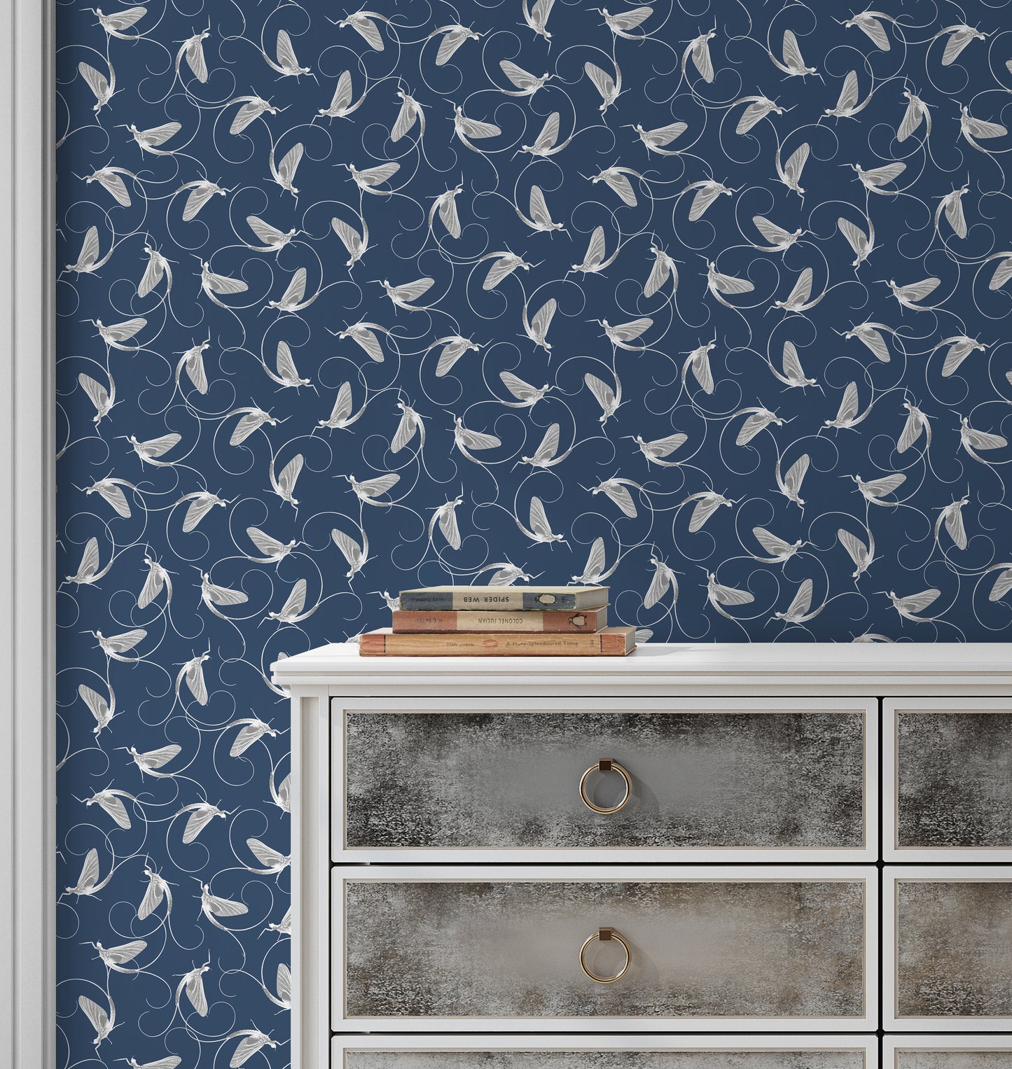 Dance Of The Mayfly Grey on Navy Wallpaper