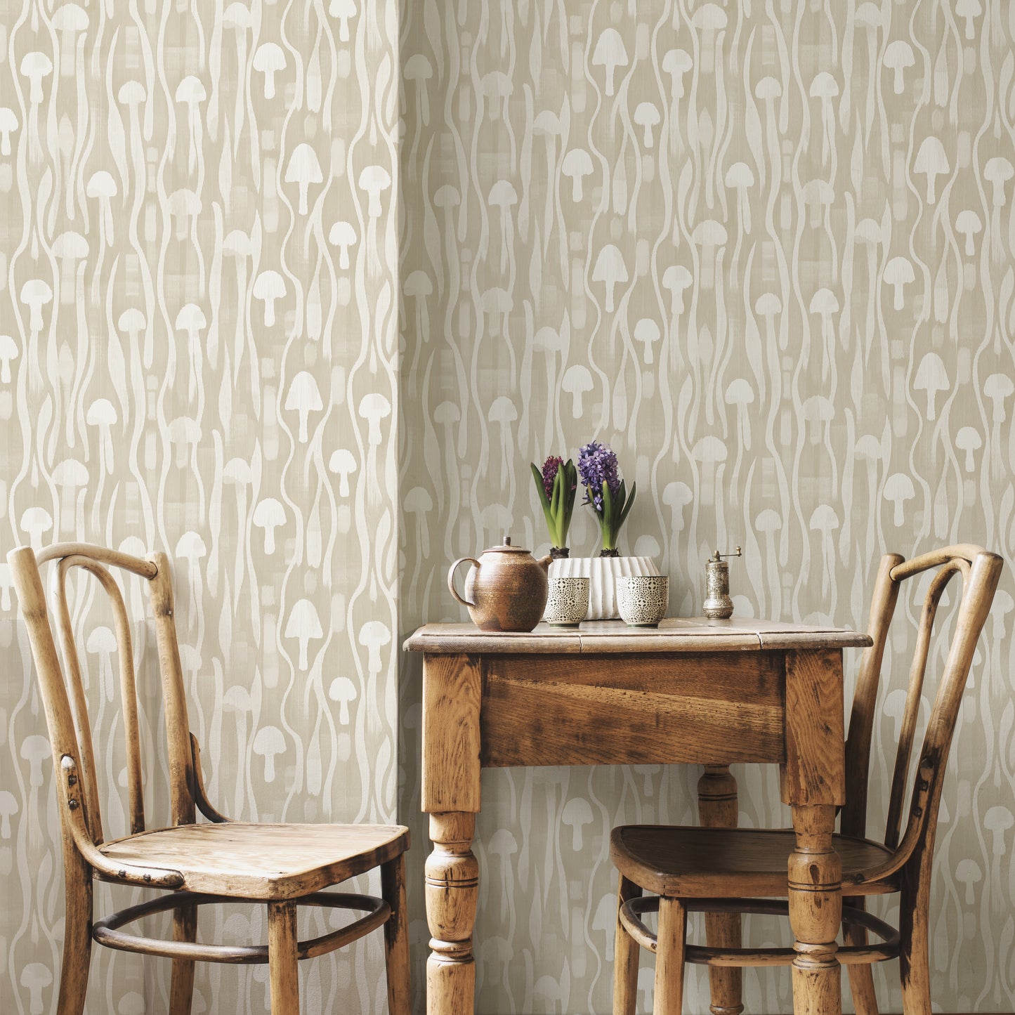 Fungi Forager Pale Hay Wallpaper
