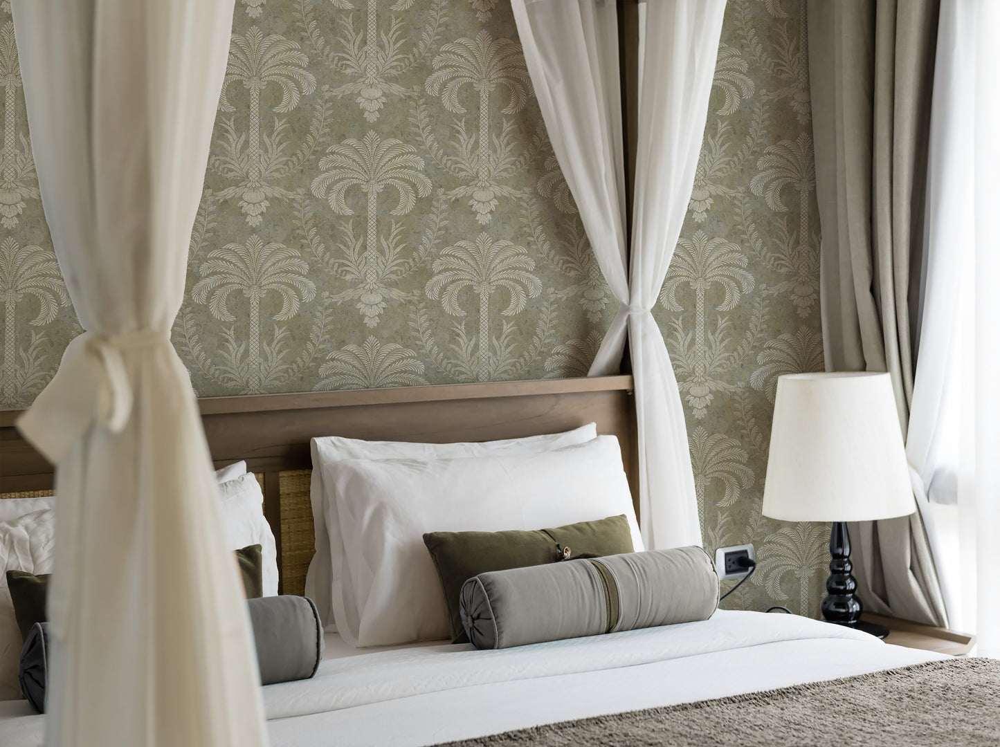 Palm Damask Mossy Stone Wallpaper