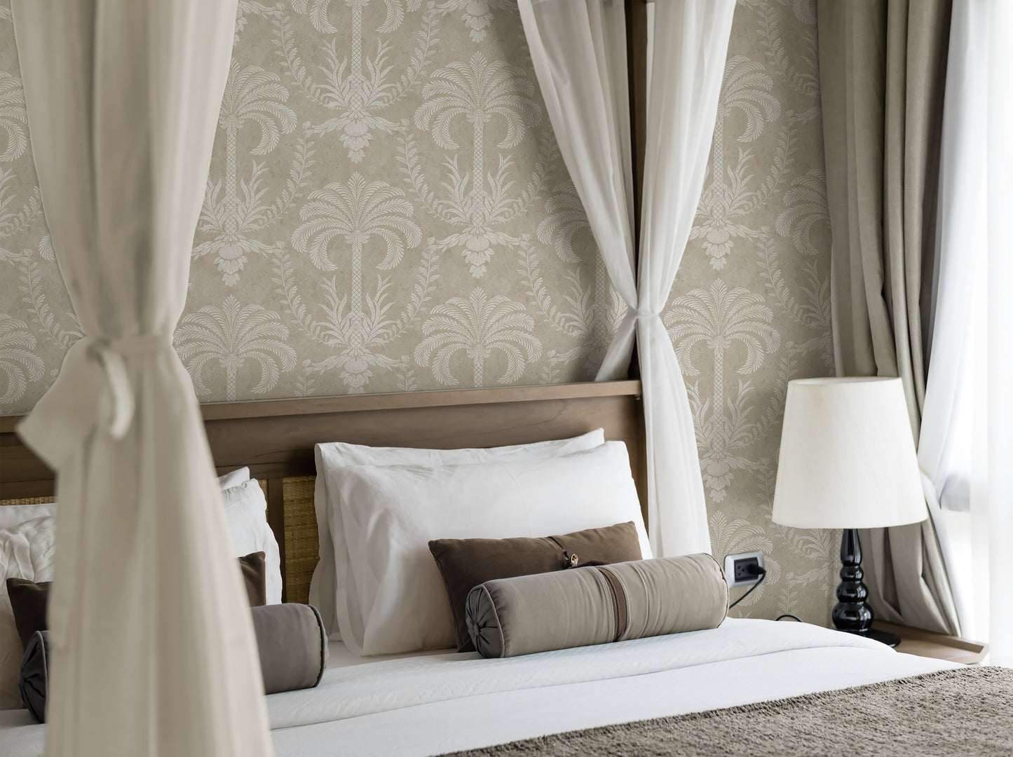 Palm Damask Portland Stone Wallpaper