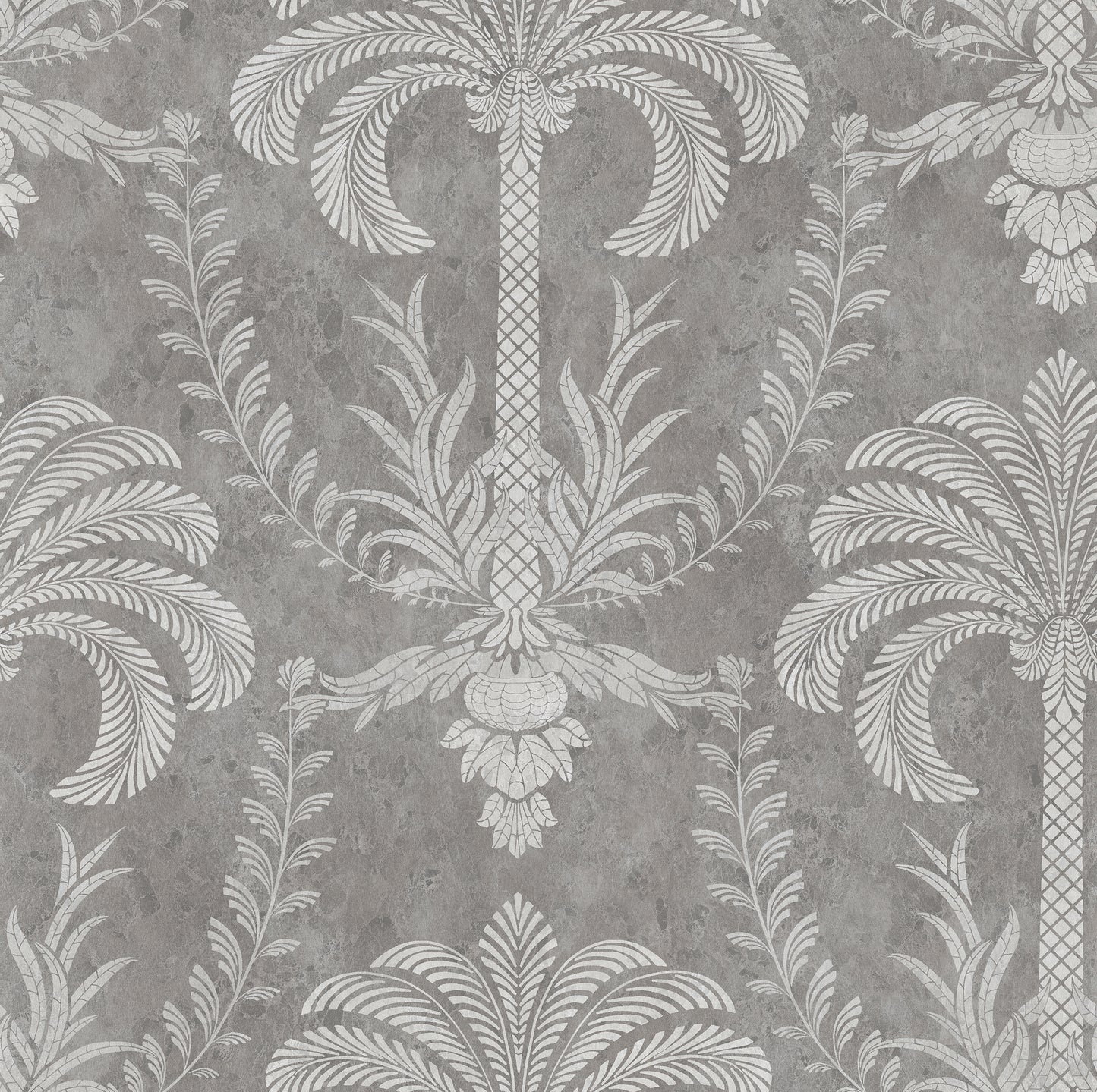 Palm Damask Silver Granite Wallpaper