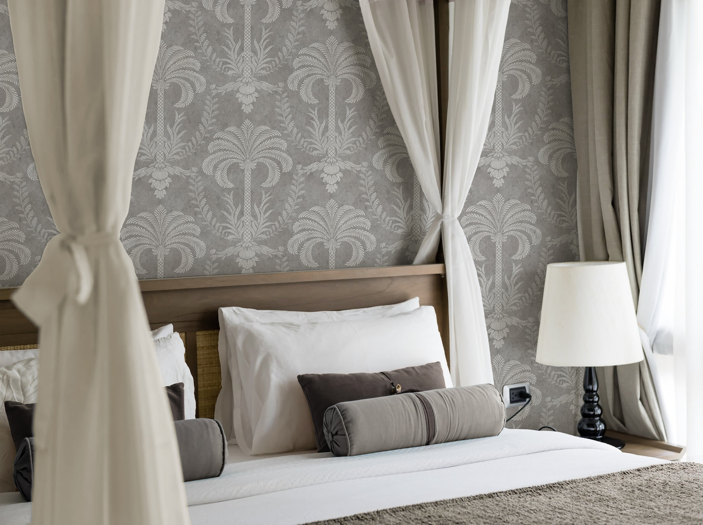 Palm Damask Silver Granite Wallpaper