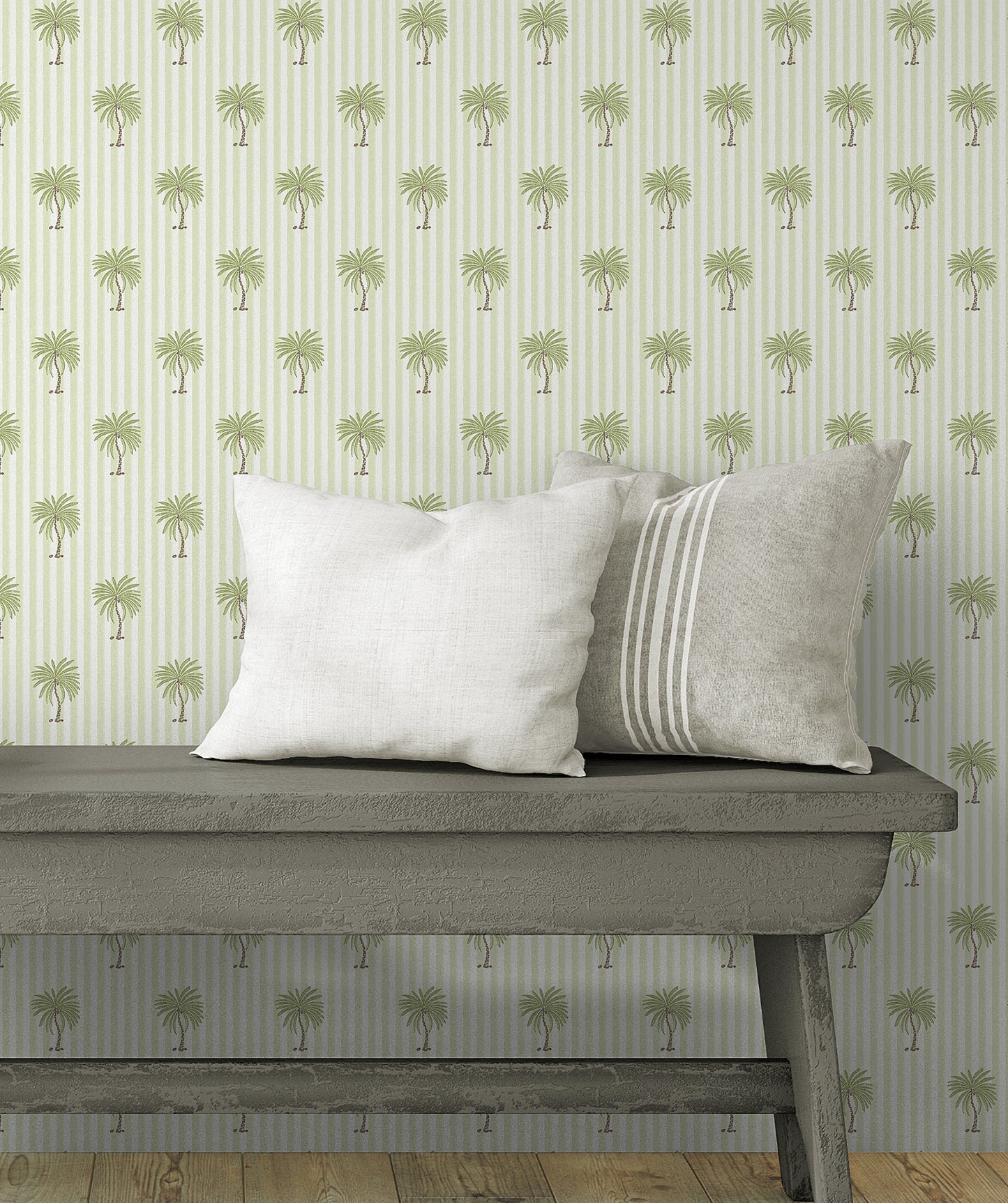 Palm Stripe Pale Basil Wallpaper