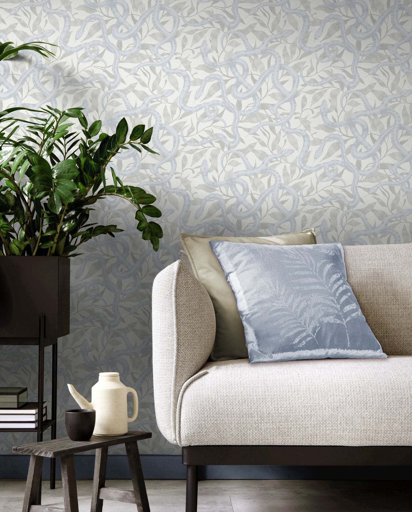 Serpents Faded Denim on Driftwood Wallpaper