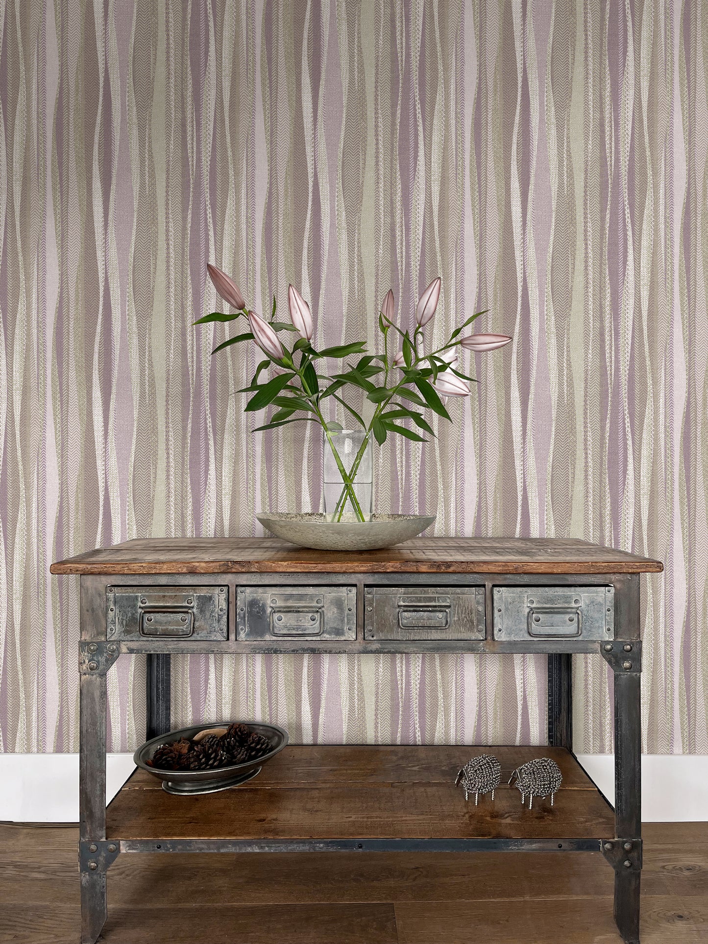 Weavy Stripe Soft Berry on Moss Wallpaper
