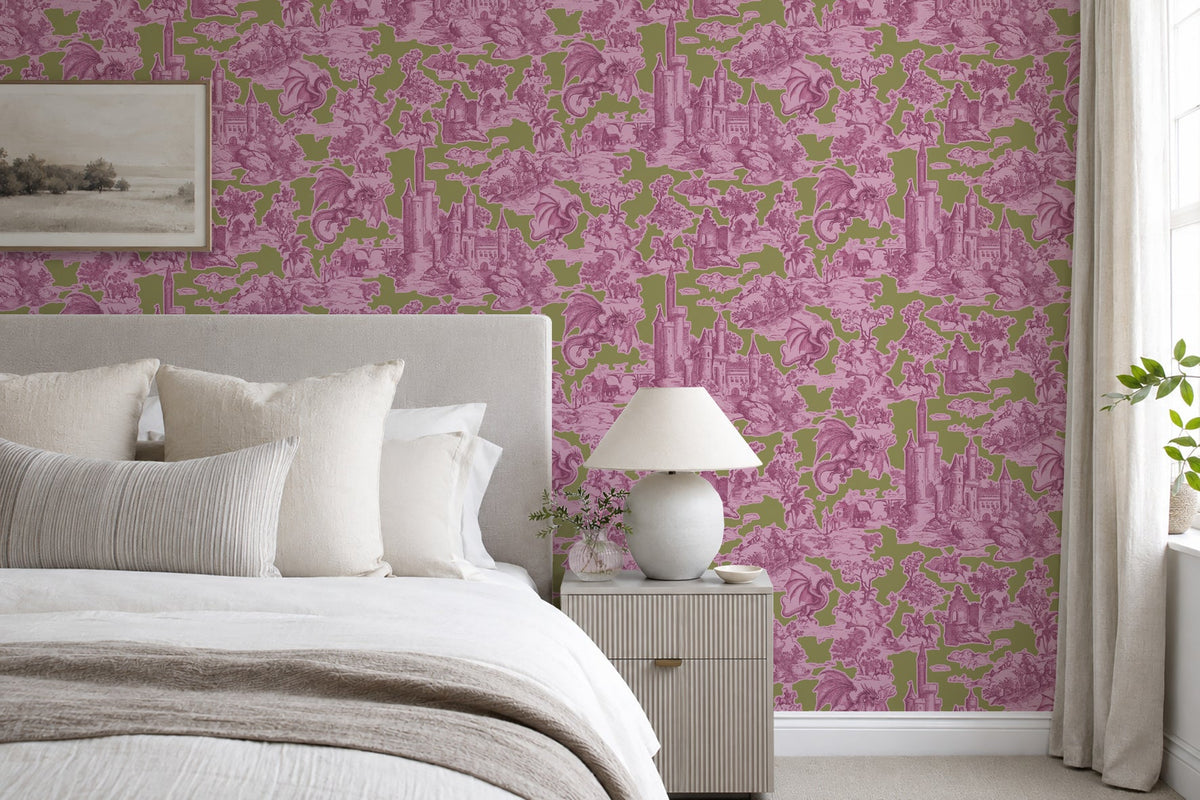 Toile Slayer Pink over Green wallpaper shown in a room setting