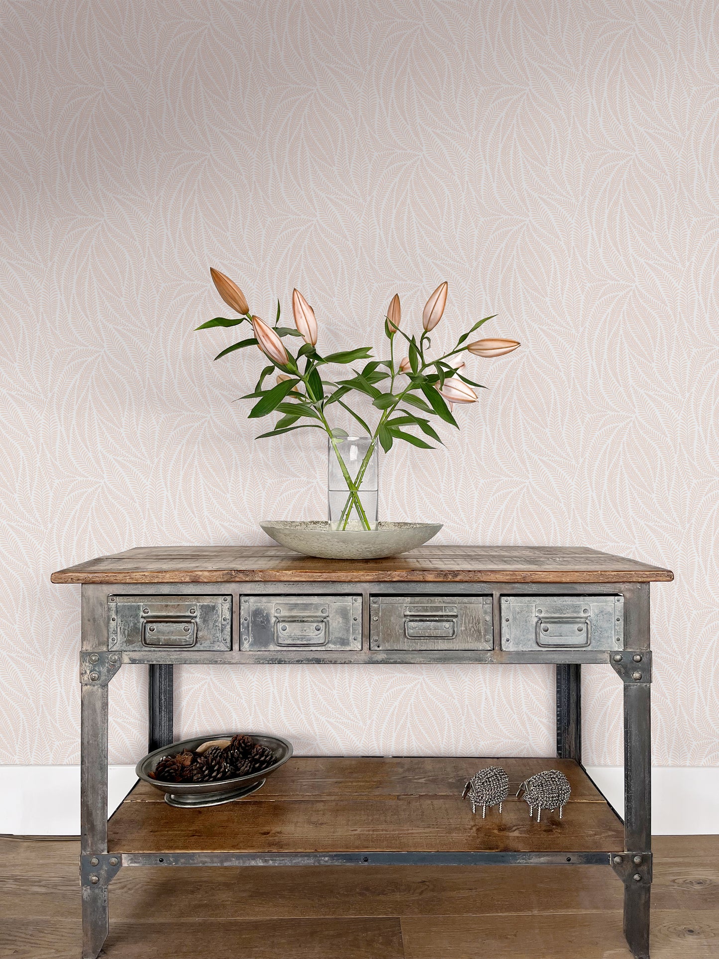 Acacia Soft Peach on Mist Grey Wallpaper