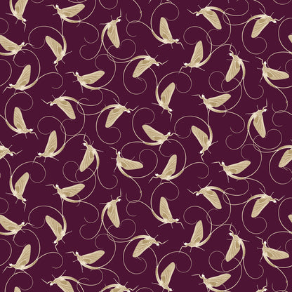 Dance Of The Mayfly Soft Ochre on Aubergine Wallpaper