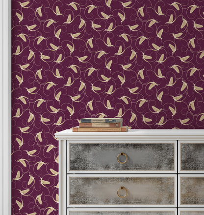 Dance Of The Mayfly Soft Ochre on Aubergine Wallpaper