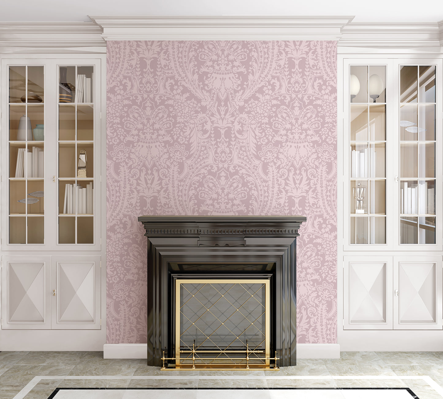 Grand Damask Shell over Dusky Pink Wallpaper