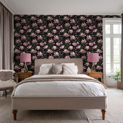 Magnolia Fuchsia on Black Wallpaper