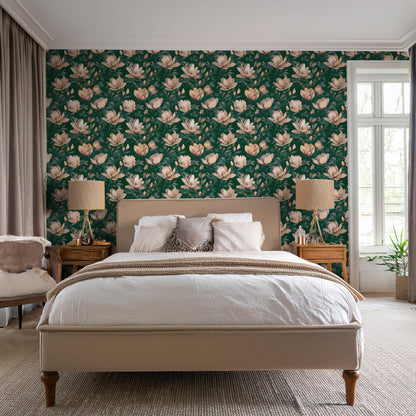Magnolia Teal Green Wallpaper