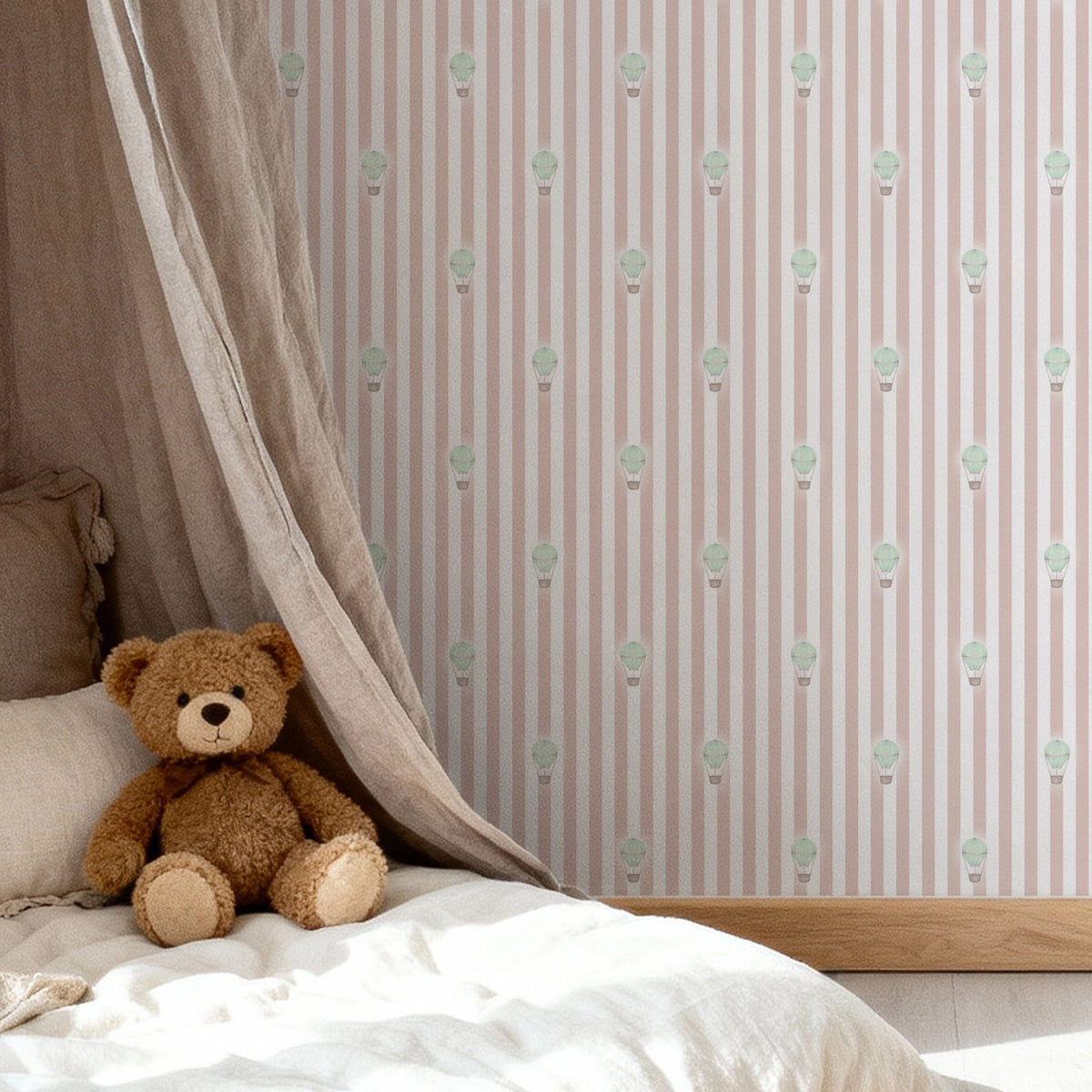 Close-up room view of Ralphy Stripe Dusty Pink and Sage Green wallpaper