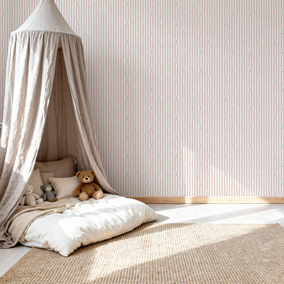 Ralphy Stripe Dusty Pink and Sage Green wallpaper shown in a room setting