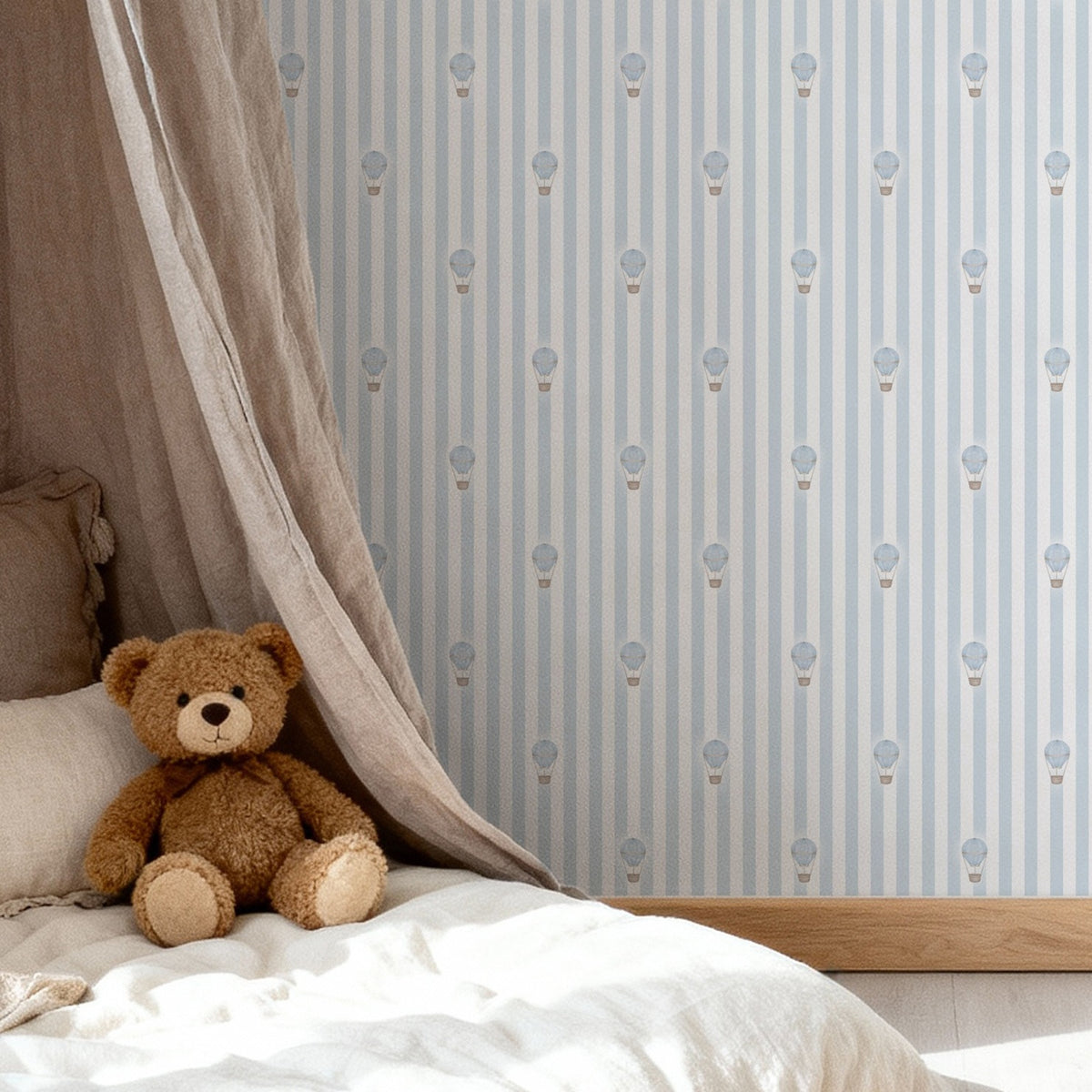 Close-up room view of Ralphy Stripe Pale Blue wallpaper