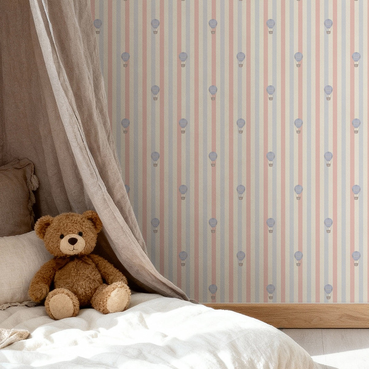 Close-up room view of Ralphy Stripe Plaster Grey wallpaper