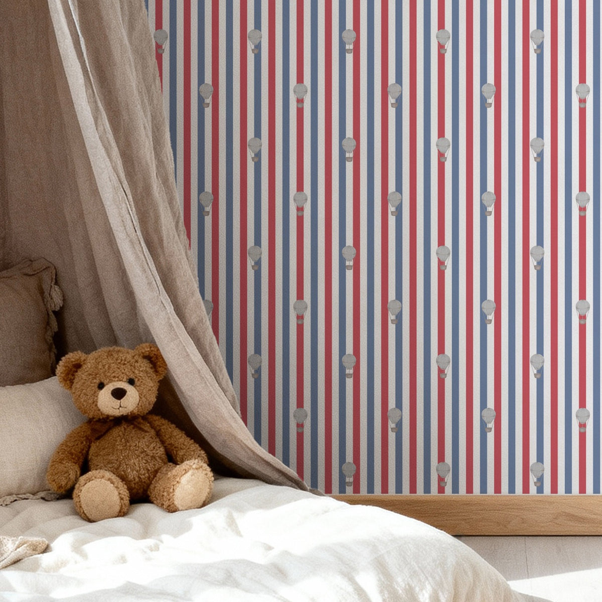 Close-up room view of Ralphy Stripe Red White and Blue wallpaper