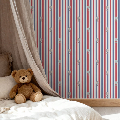 Close-up room view of Ralphy Stripe Red White and Blue wallpaper