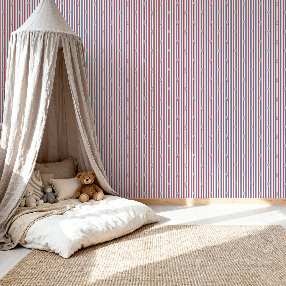 Ralphy Stripe Red White and Blue wallpaper shown in a room setting