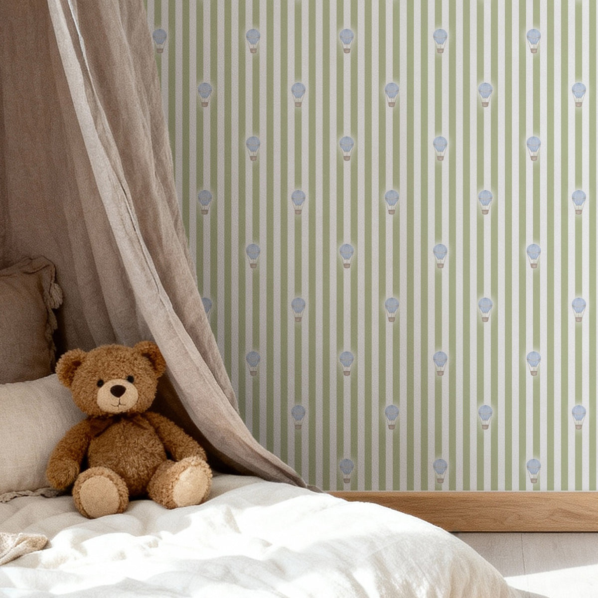 Close-up room view of Ralphy Stripe Sage Green and Blue wallpaper