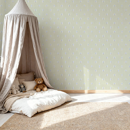 Ralphy Stripe Sage Green and Blue wallpaper shown in a room setting