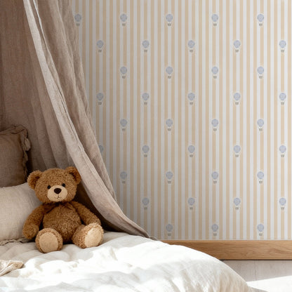 Close-up room view of Ralphy Stripe String and Pale Blue wallpaper