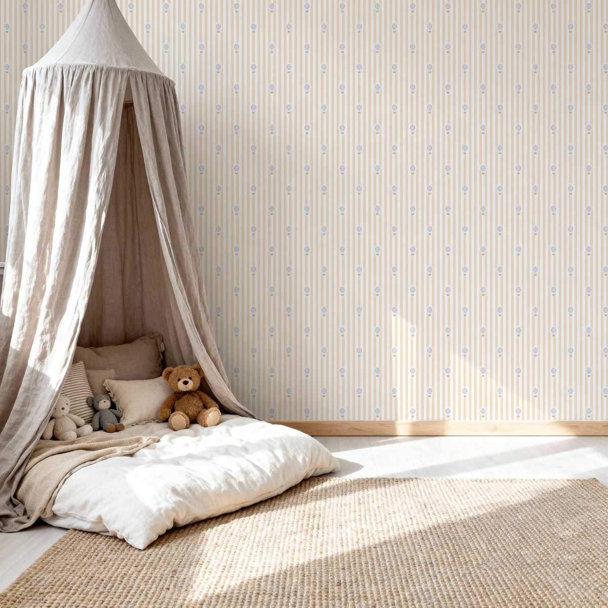 Ralphy Stripe String and Pale Blue wallpaper shown in a room setting