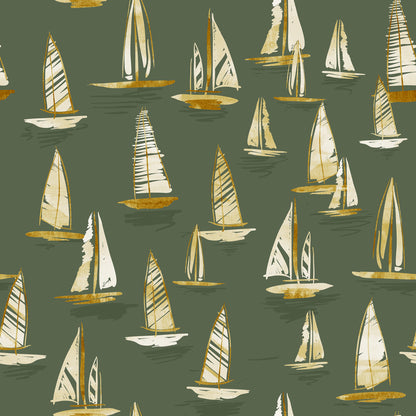 Sail Away Ochre on Green Wallpaper