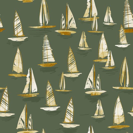 Sail Away Ochre on Green Wallpaper