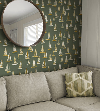 Sail Away Ochre on Green Wallpaper