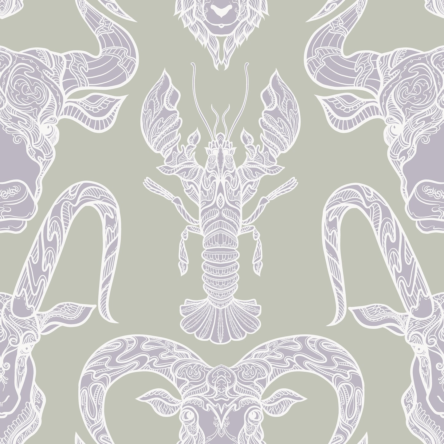 Surf & Turf Lilac on Moss Wallpaper