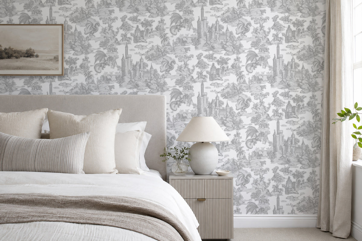 Toile Slayer Frost wallpaper shown in a room setting