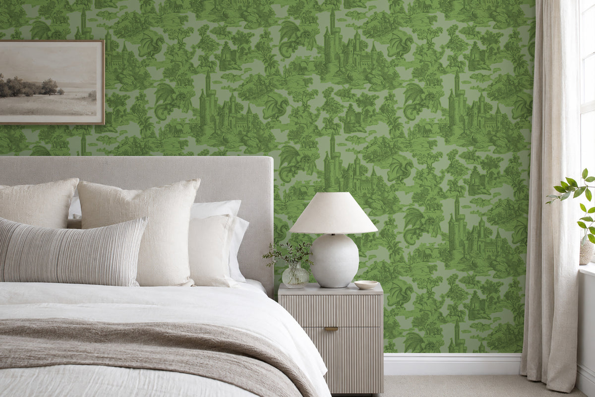 Toile Slayer Green wallpaper shown in a room setting