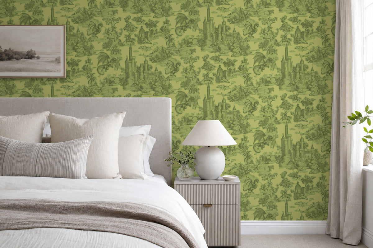 Toile Slayer Lime wallpaper shown in a room setting