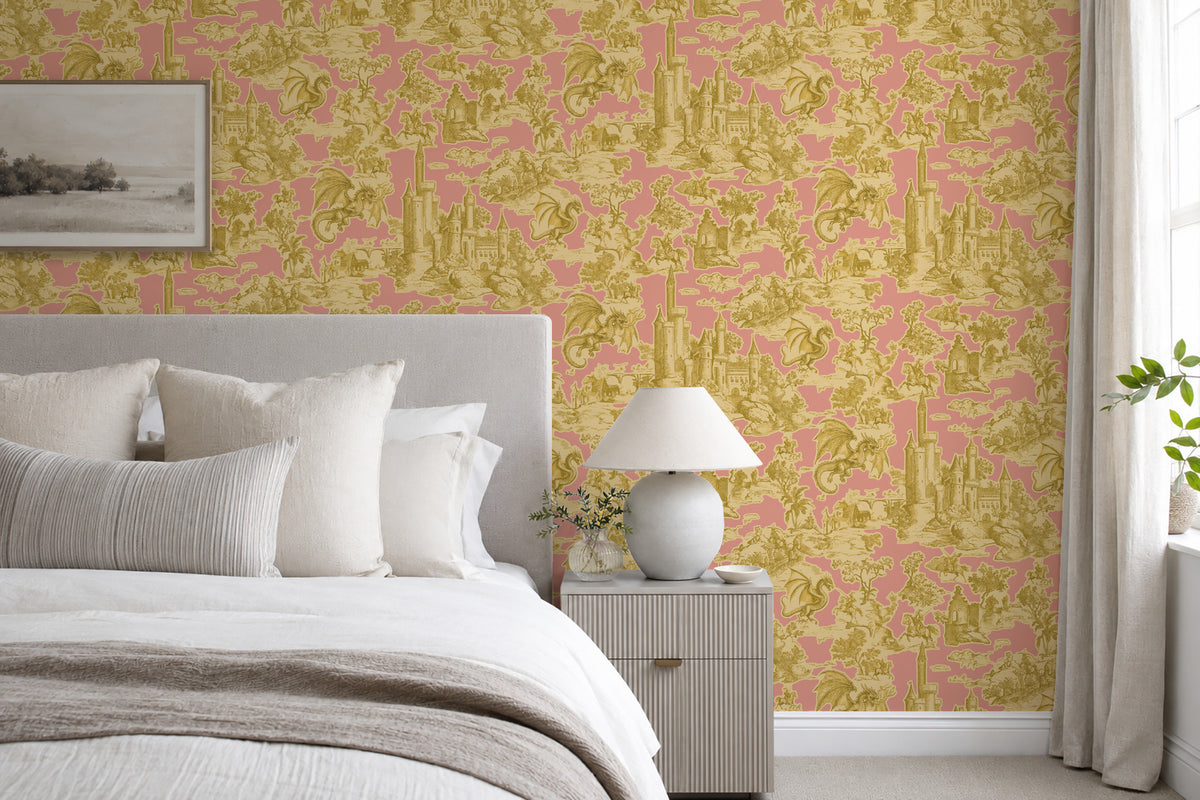 Toile Slayer Ochre on Pink wallpaper shown in a room setting