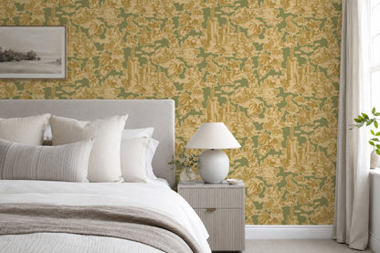 Toile Slayer Ochre over Greengrey wallpaper shown in a room setting