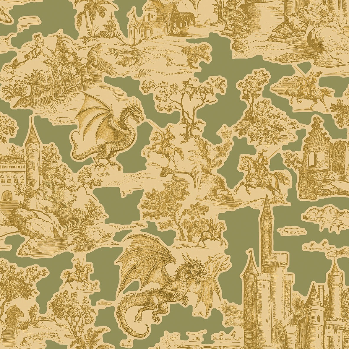 Toile Slayer Ochre over Greengrey wallpaper design