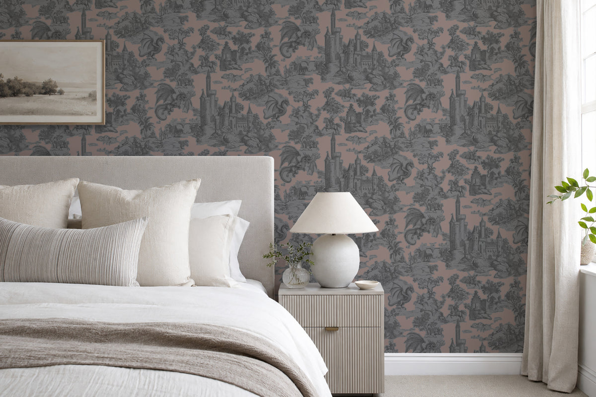 Toile Slayer Pewter over Dusted wallpaper shown in a room setting