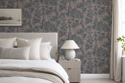 Toile Slayer Pewter over Dusted wallpaper shown in a room setting
