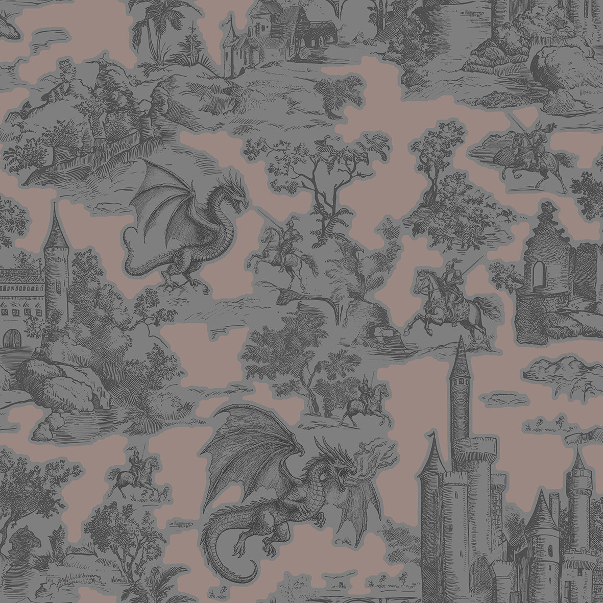 Toile Slayer Pewter over Dusted wallpaper design