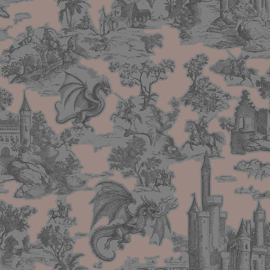 Toile Slayer Pewter over Dusted wallpaper design