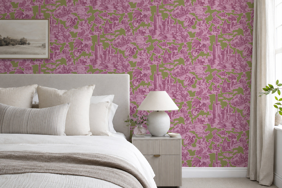 Toile Slayer Pink over Green wallpaper shown in a room setting