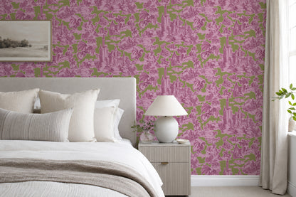 Toile Slayer Pink over Green wallpaper shown in a room setting