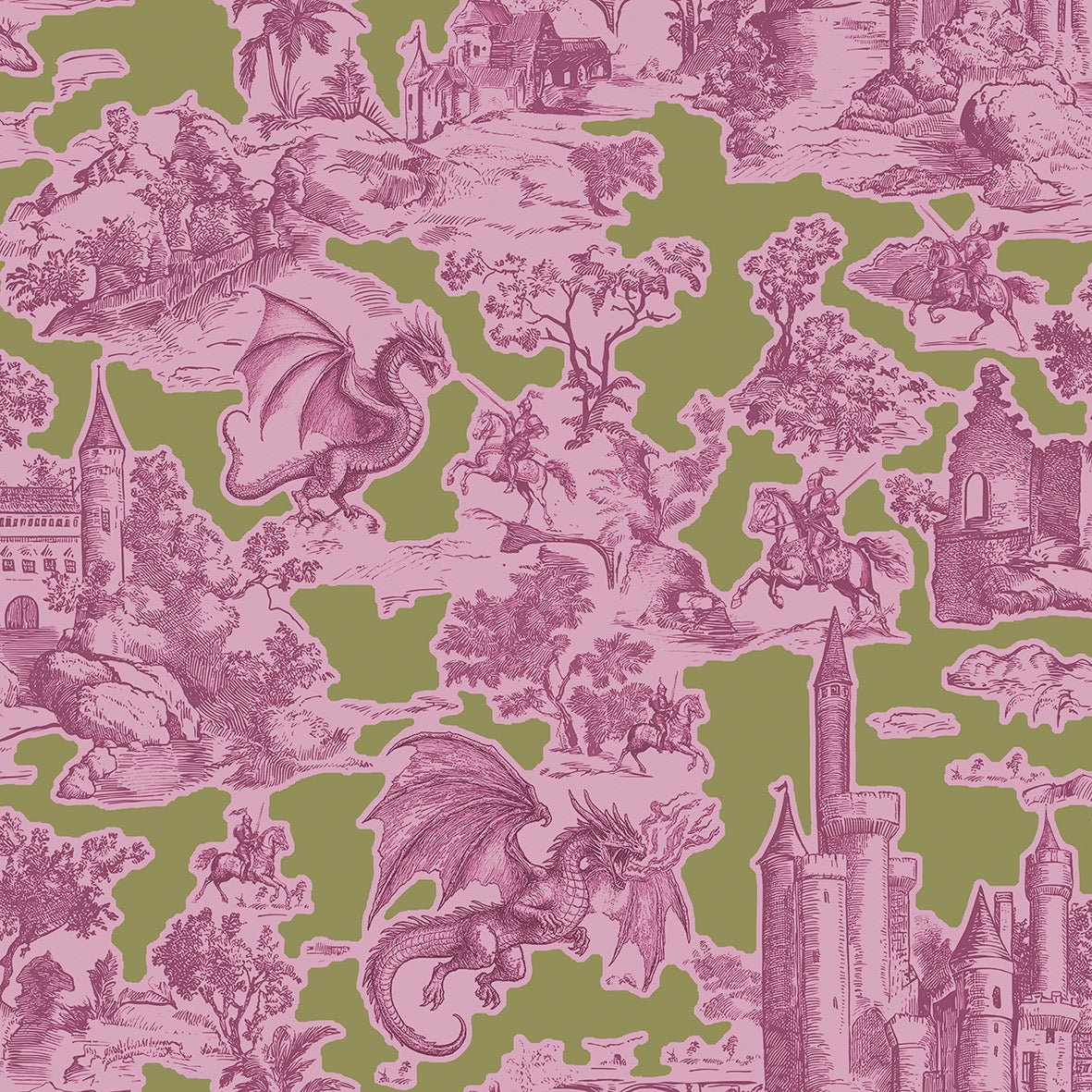 Toile Slayer Pink over Green wallpaper design