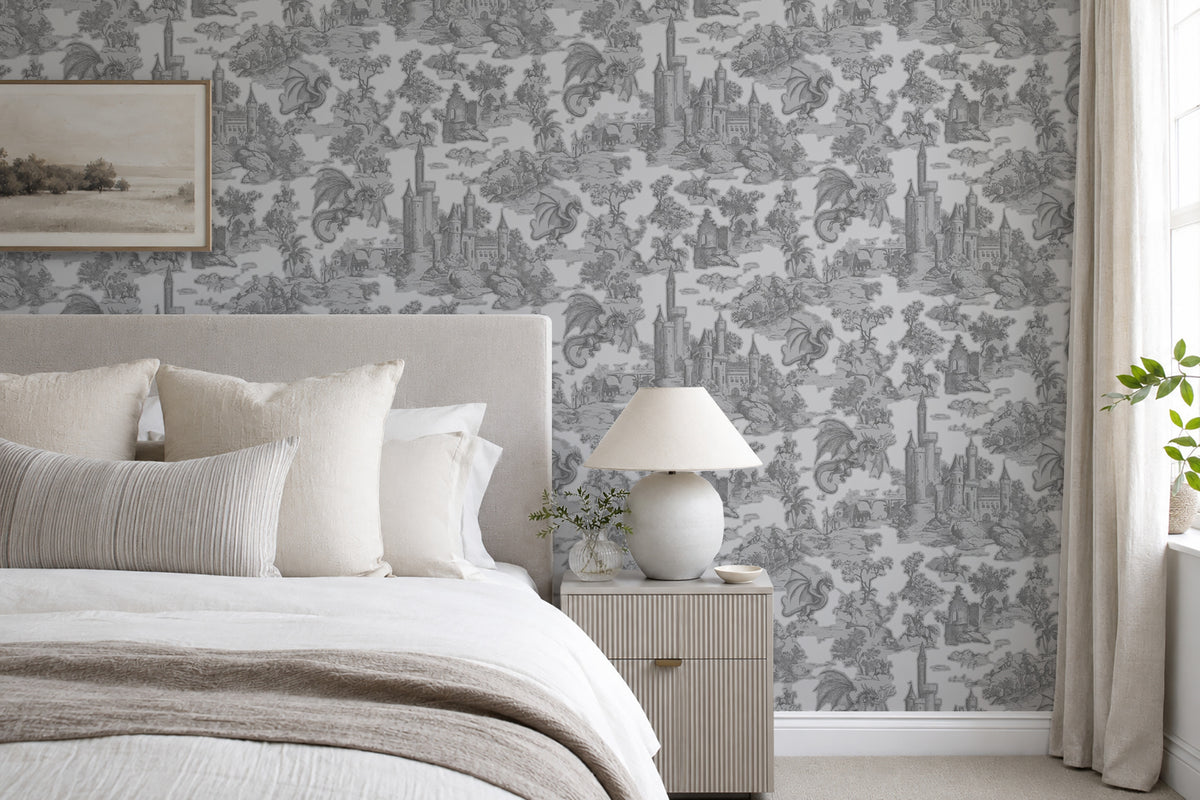 Toile Slayer Silver wallpaper shown in a room setting