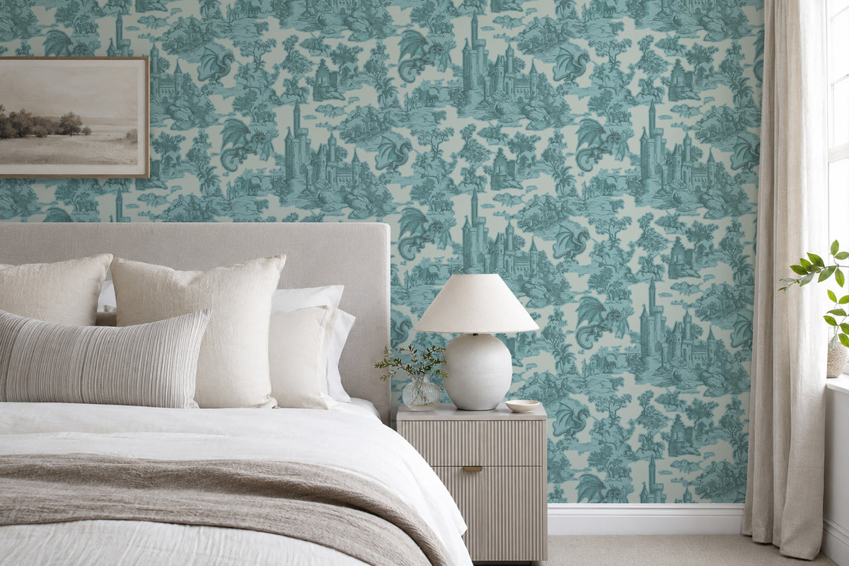 Toile Slayer Teal wallpaper shown in a room setting
