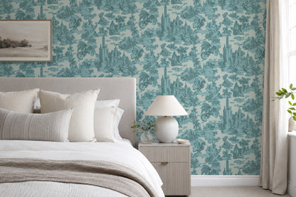 Toile Slayer Teal wallpaper shown in a room setting