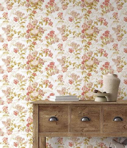 Vintage Floral Orange on White Wallpaper